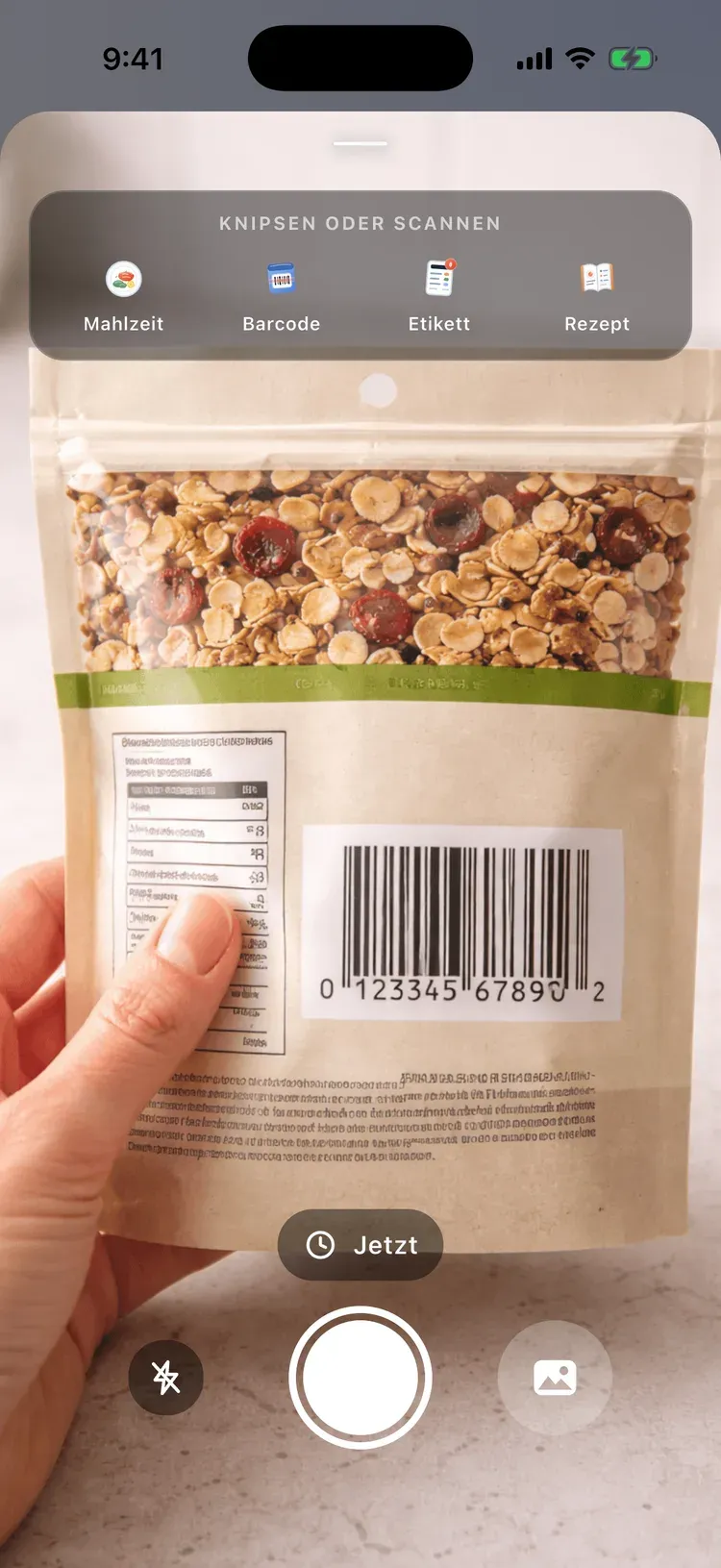 CalEasy-Kamera scannt den Barcode auf einer Müsli-Packung