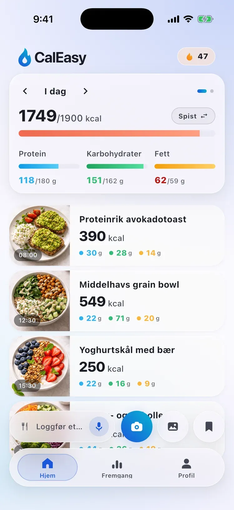 CalEasy-hjemskjerm: dagens kalorier, makroer og loggede måltider