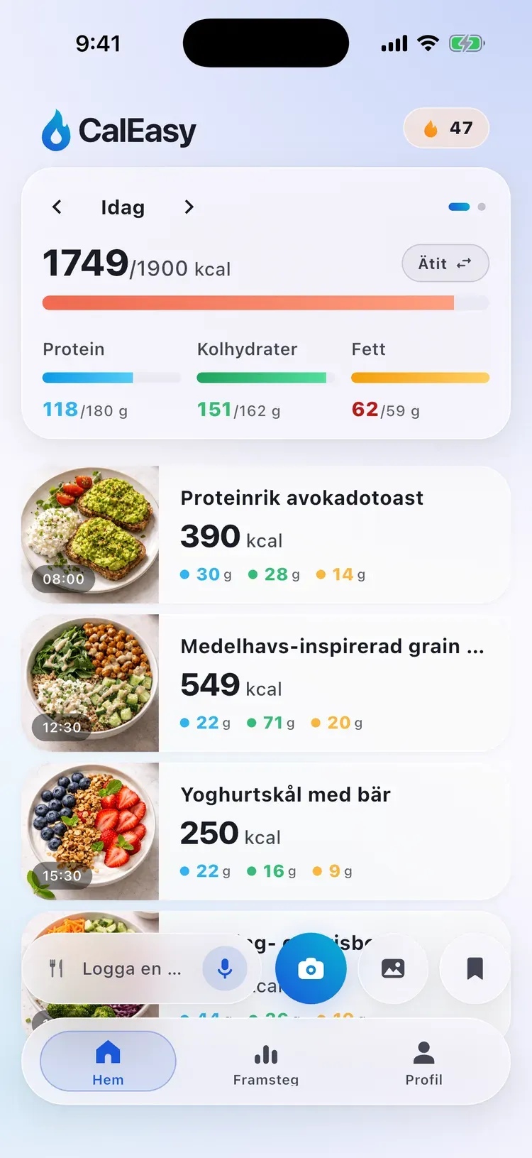 CalEasys startskärm: dagens kalorier, makron och loggade måltider