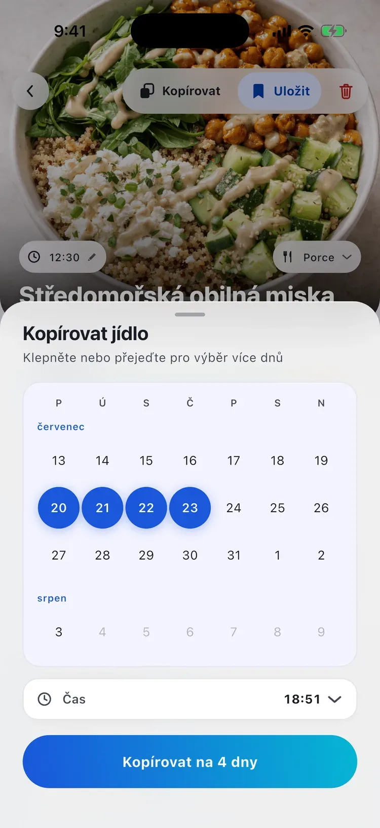 Kopírování jídla v CalEasy: rozložení zapsaného jídla na několik dní v kalendáři