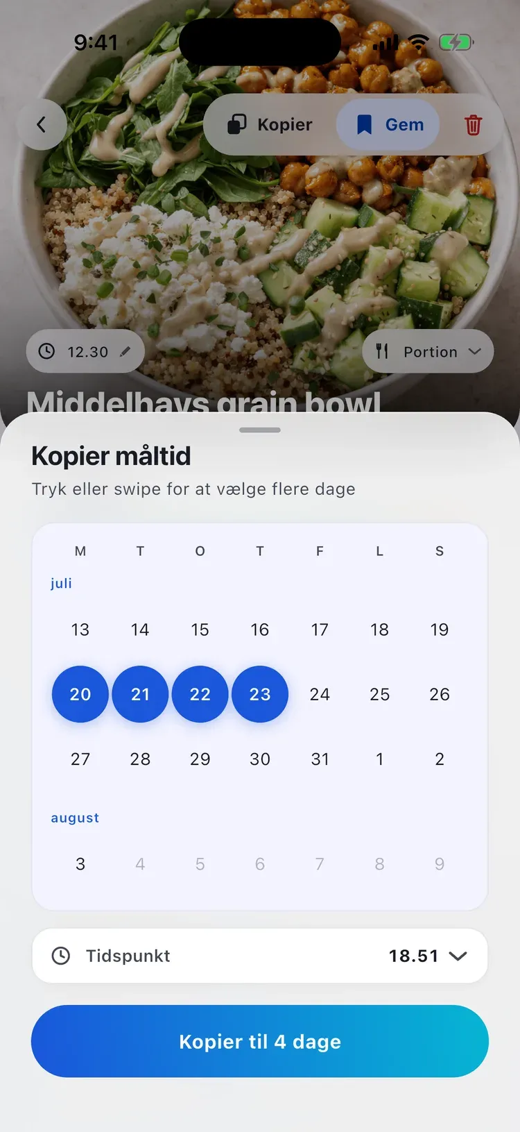 CalEasy kopiér måltid: et logget måltid fordeles over flere dage i en kalender