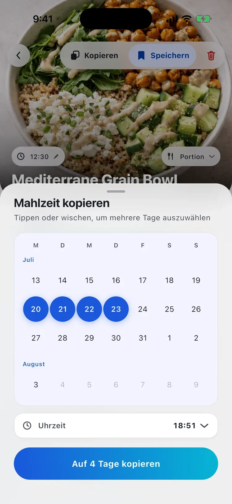 CalEasy Mahlzeit kopieren: eine geloggte Mahlzeit wird im Kalender auf mehrere Tage verteilt