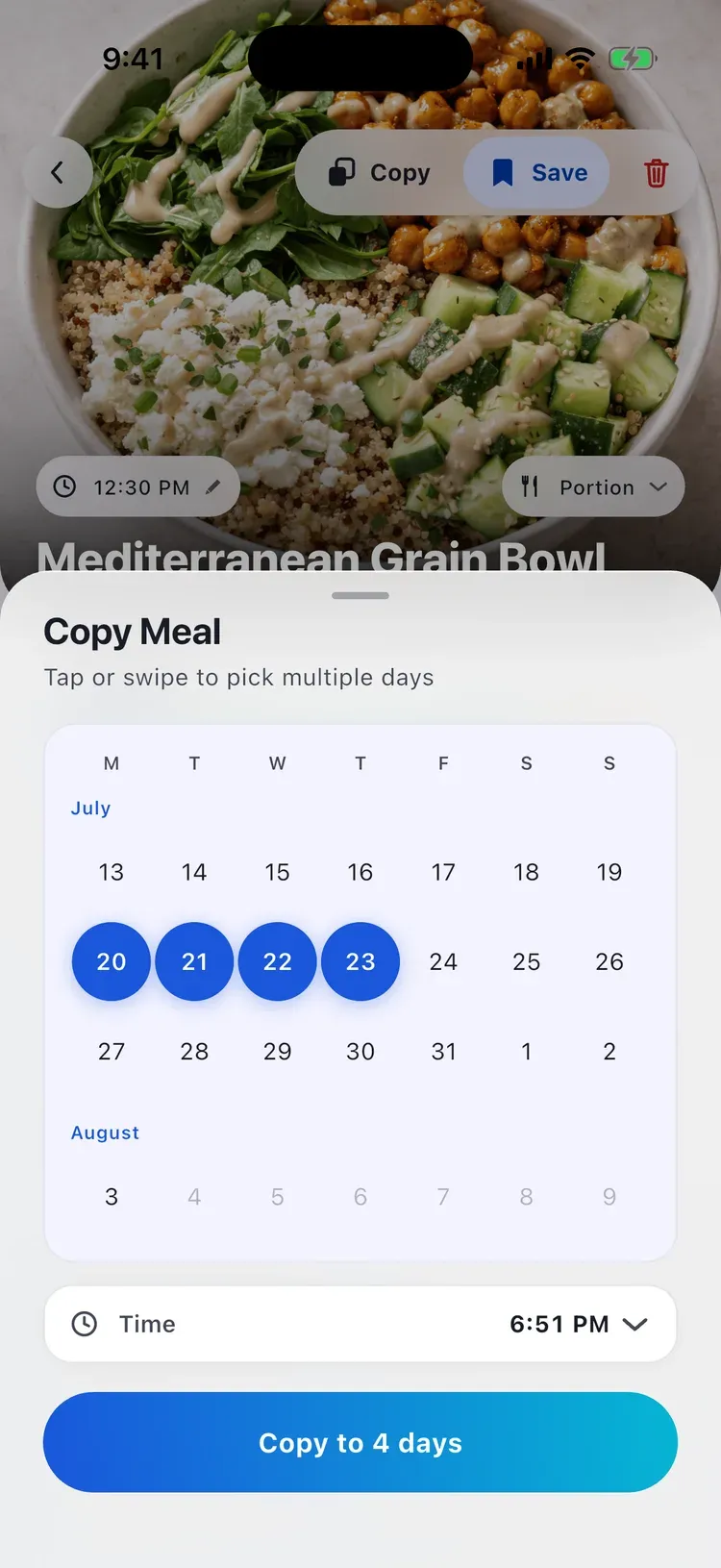 CalEasy copy meal: spreading a logged meal across several days in a calendar