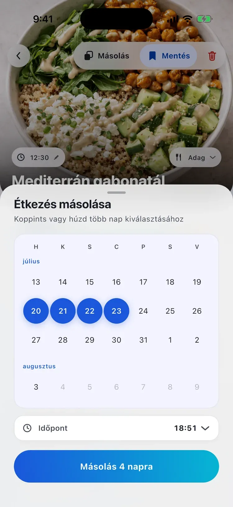 CalEasy étkezés másolása: egy naplózott étkezés több napra szétosztva a naptárban