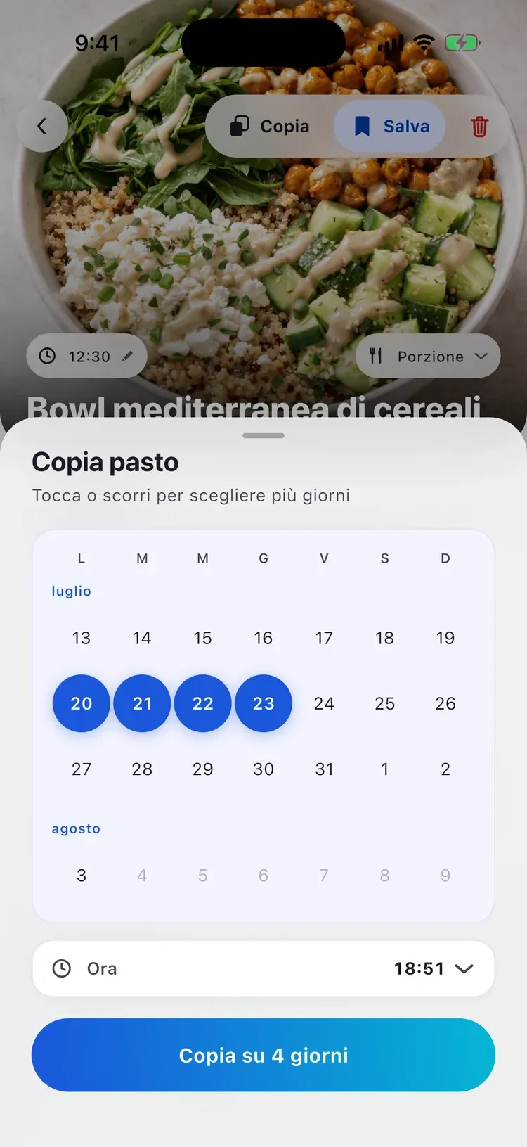 Copia pasto in CalEasy: un pasto registrato distribuito su più giorni in un calendario