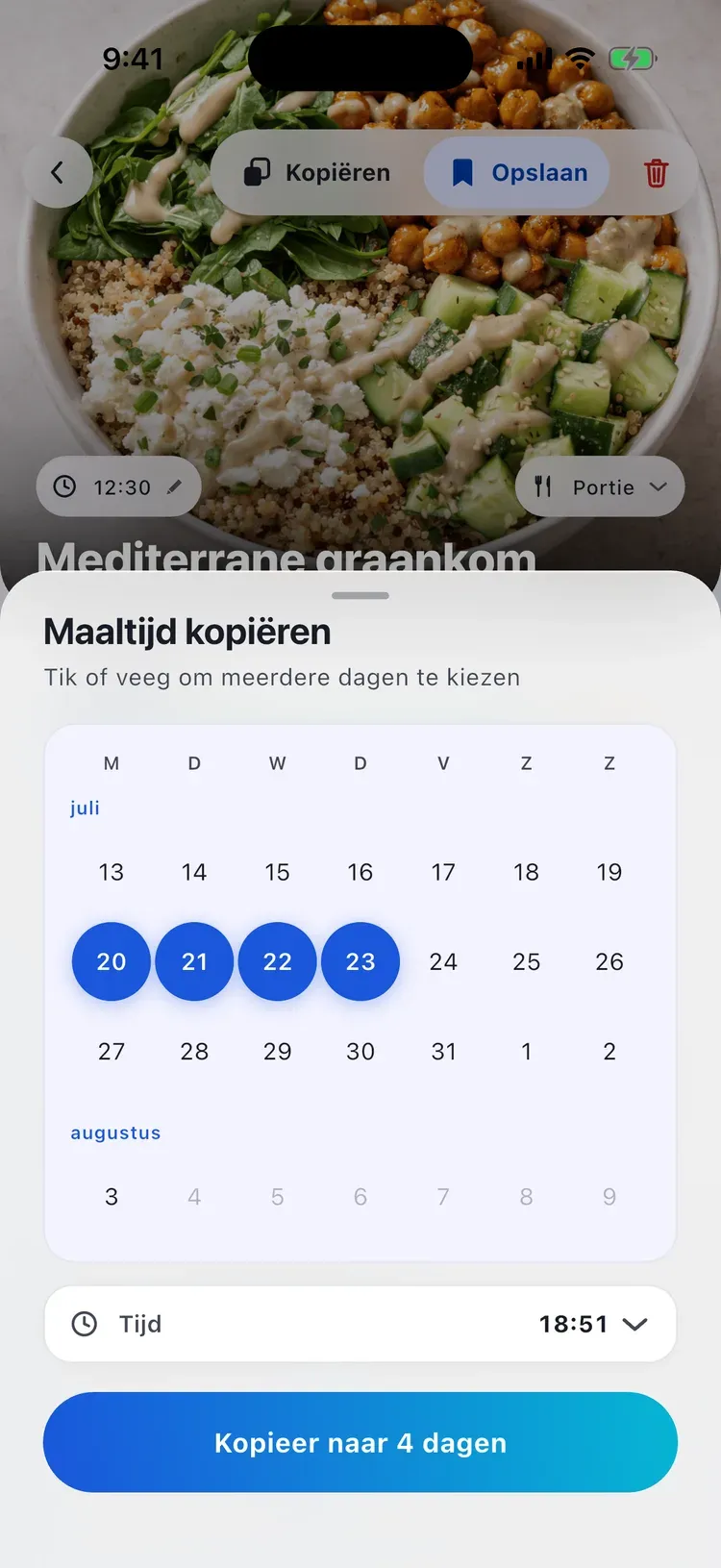 CalEasy maaltijd kopiëren: een gelogde maaltijd wordt over meerdere dagen in een kalender verspreid