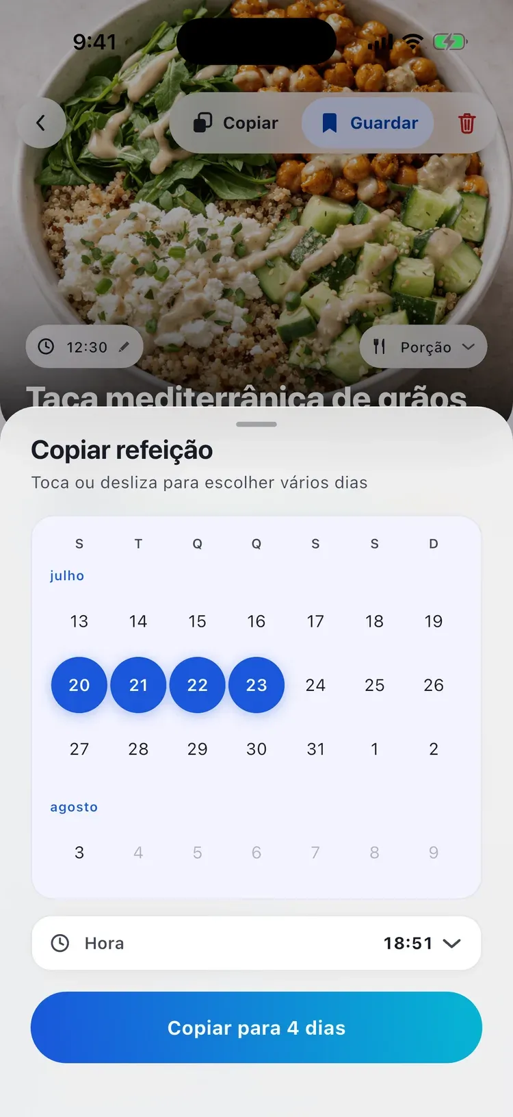Copiar refeição na CalEasy: uma refeição registada espalhada por vários dias num calendário