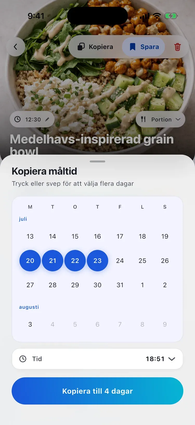 CalEasy kopiera måltid: en loggad måltid sprids över flera dagar i en kalender