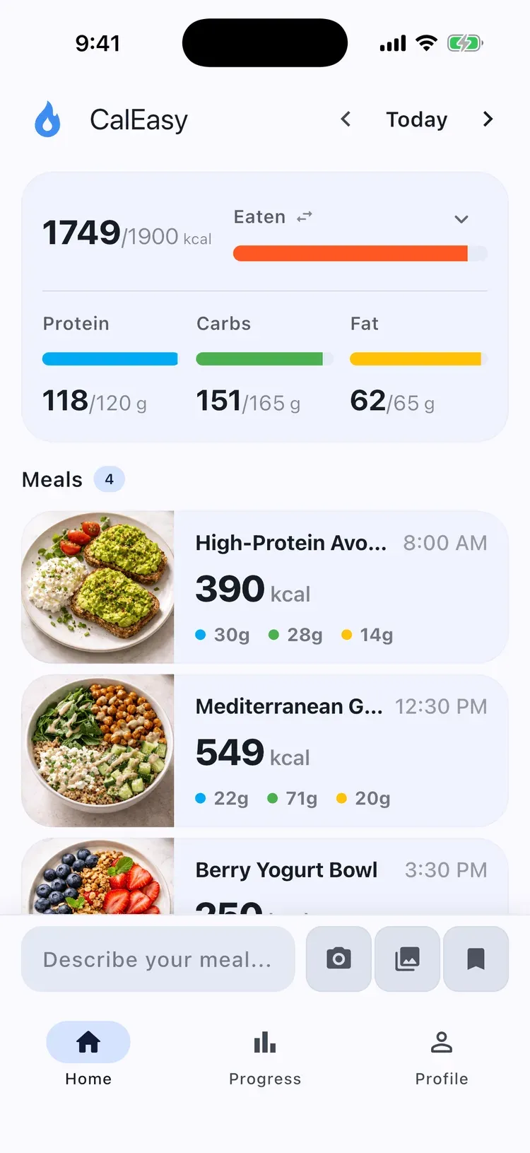 CalEasy home screen: today's calories, macros, and logged meals