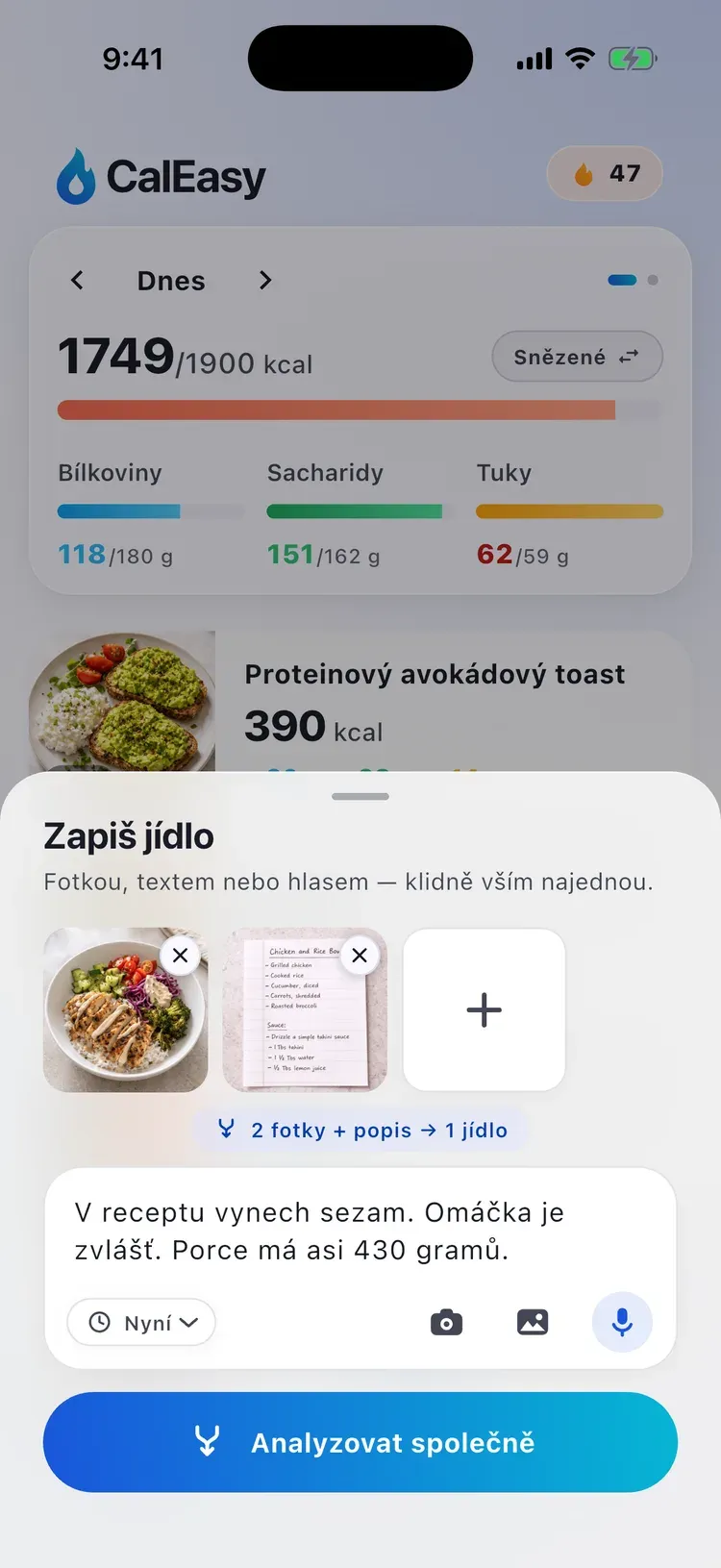 Kombinovaný zápis v CalEasy: dvě fotky a napsaná poznámka těsně před analýzou jako jedno jídlo