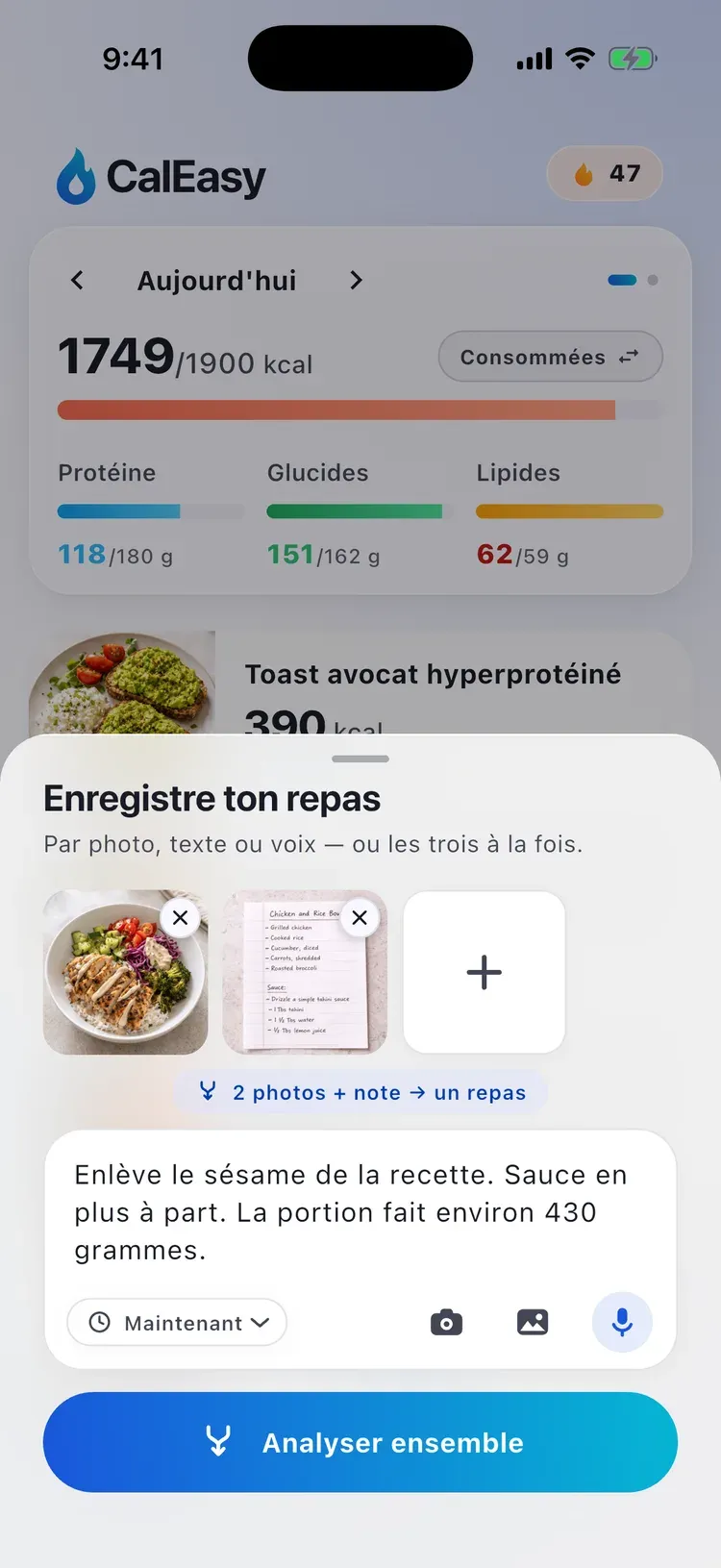 Écran combiner de CalEasy : deux photos et une note tapée sur le point d’être analysées comme un seul repas