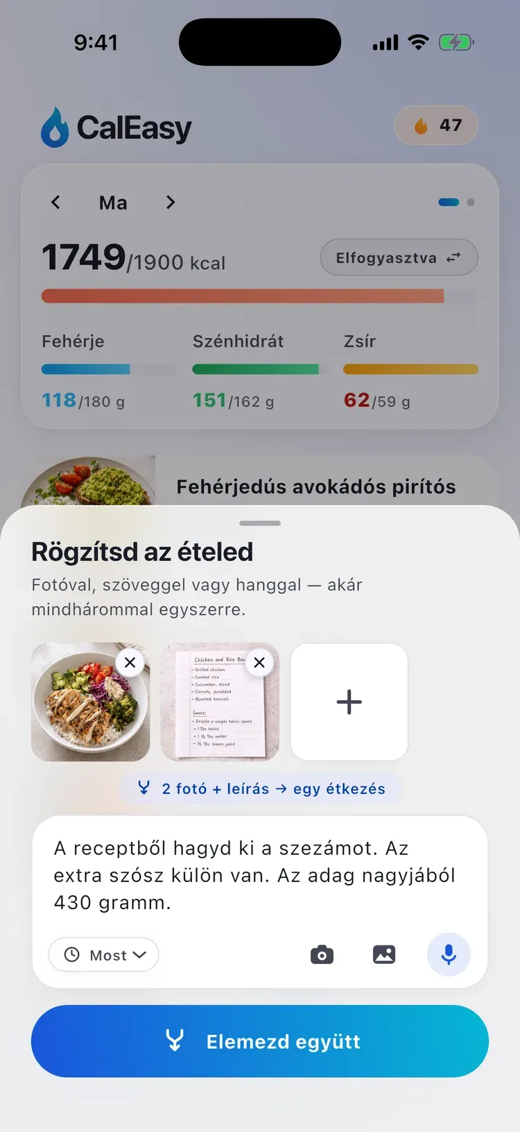 CalEasy kombó nézet: két fotó és egy begépelt megjegyzés, egyetlen étkezésként elemzés előtt