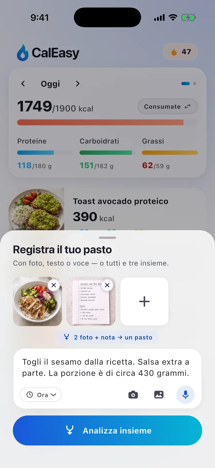 Schermata combina di CalEasy: due foto e una nota scritta pronte per essere analizzate come un unico pasto