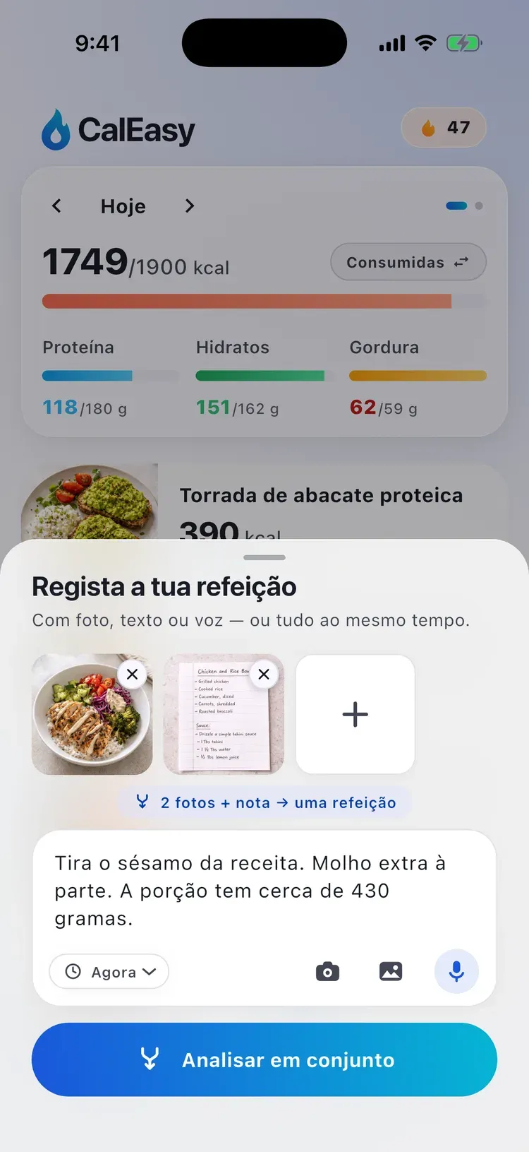 Ecrã de combinação da CalEasy: duas fotos e uma nota escrita prestes a serem analisadas como uma só refeição
