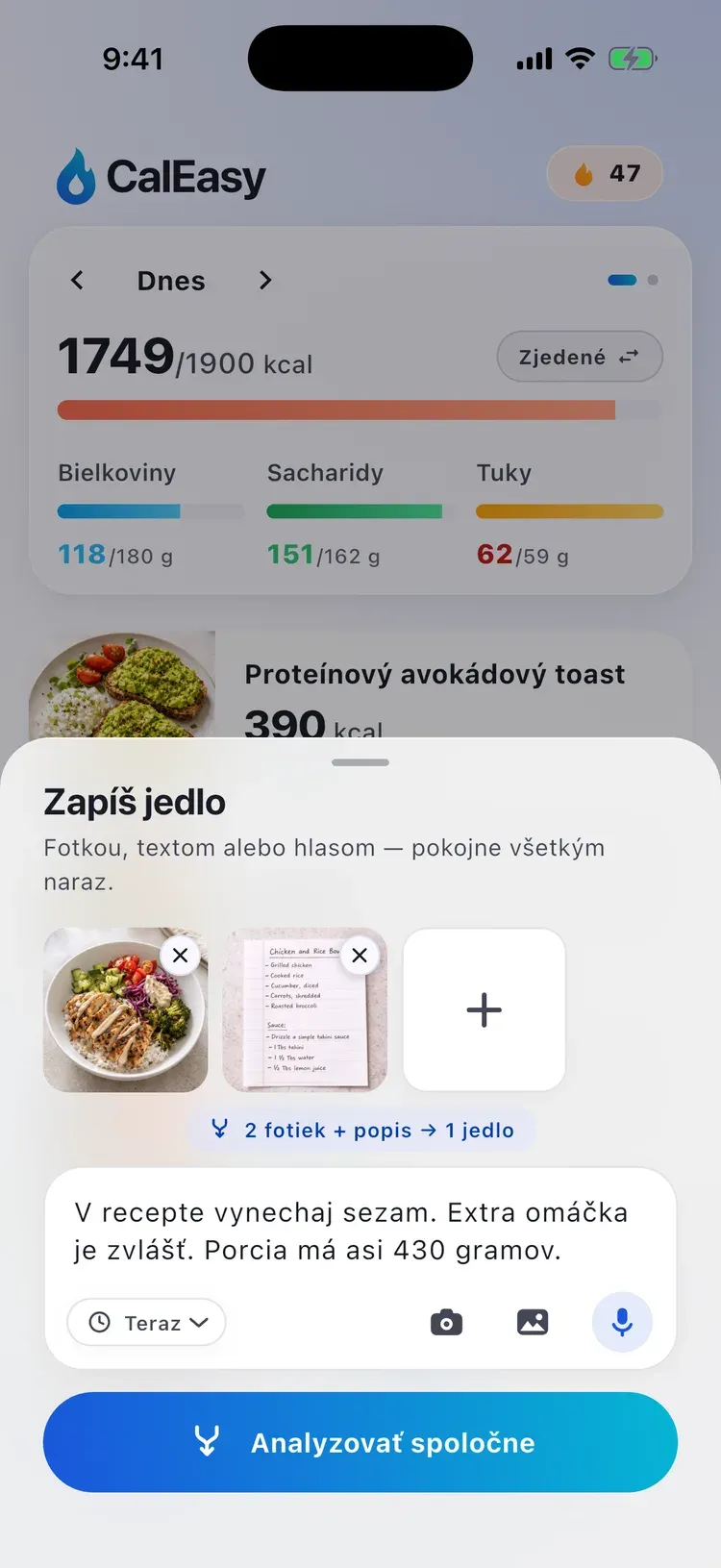 Kombinovaný zápis v CalEasy: dve fotky a napísaná poznámka tesne pred analýzou ako jedno jedlo