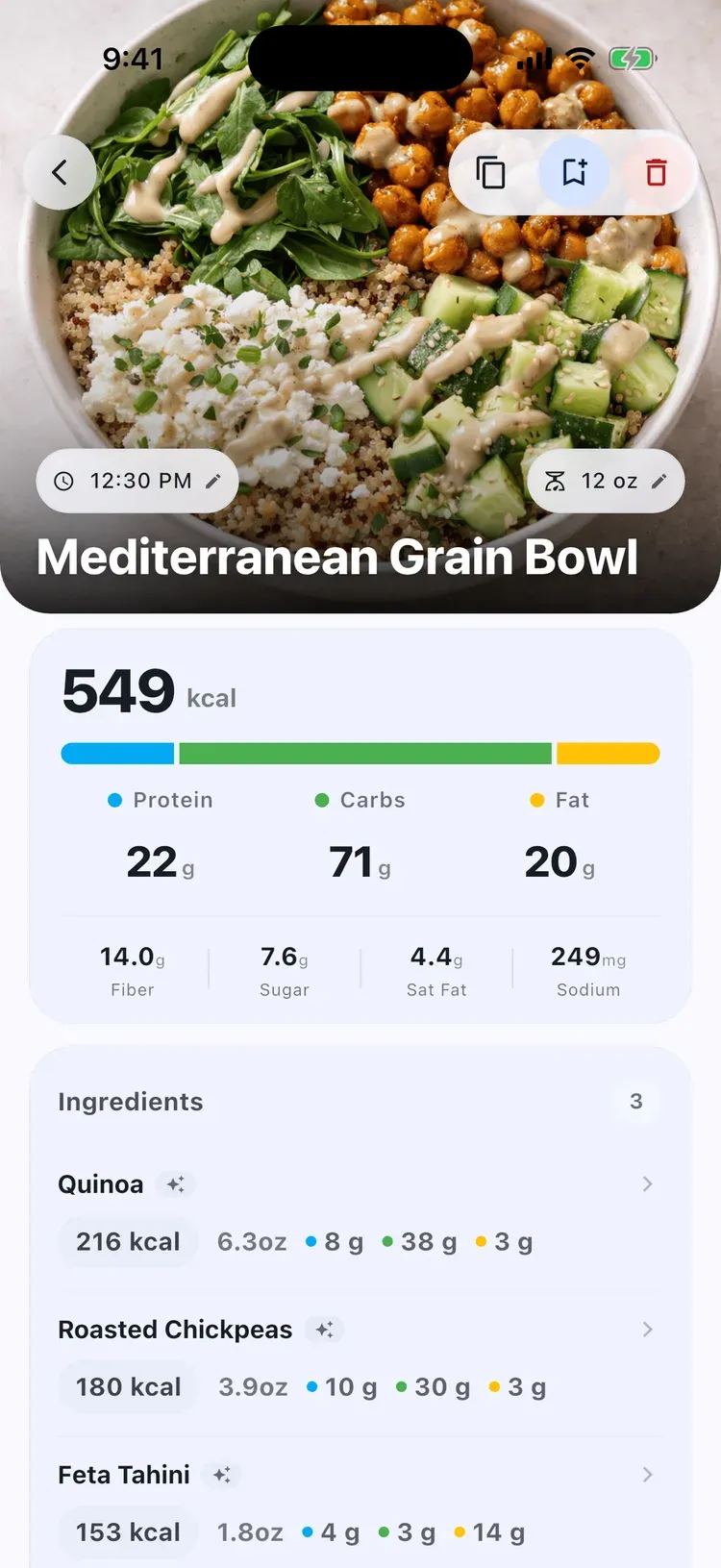 CalEasy meal detail: Mediterranean grain bowl with calories, macros, and ingredients
