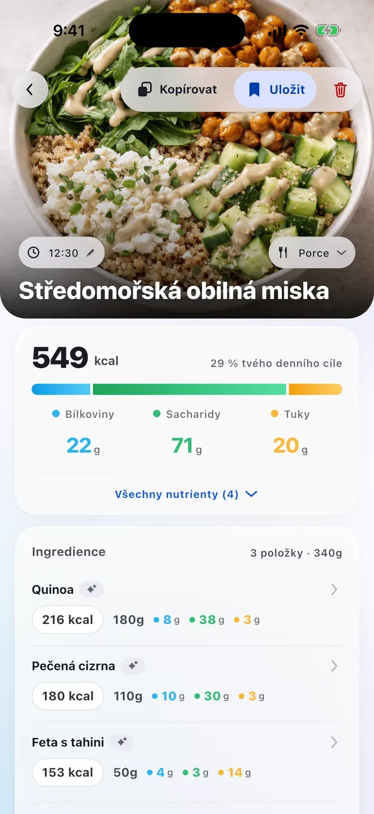Detail jídla v CalEasy: středomořská bowl s kaloriemi, makry a ingrediencemi