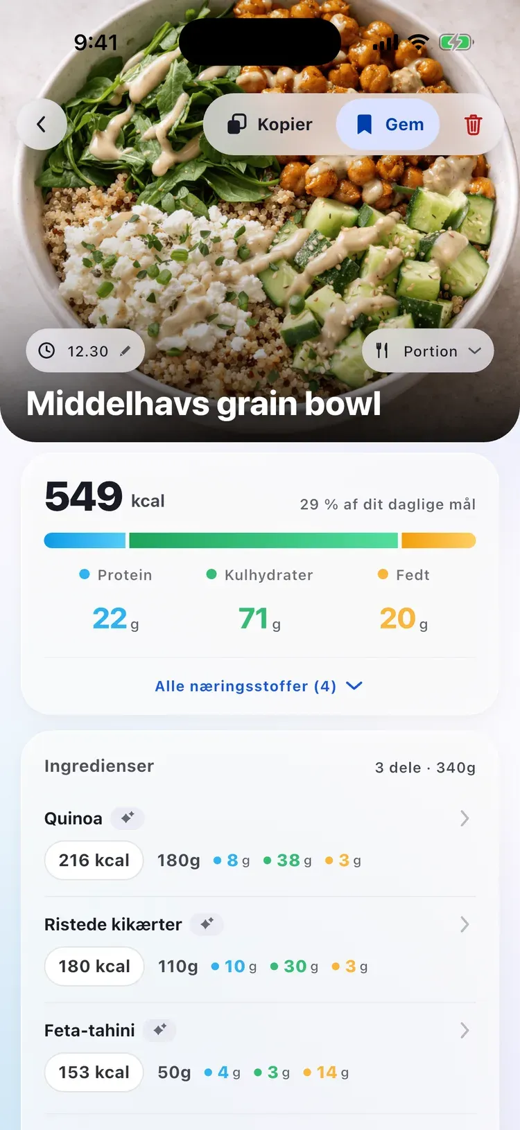 CalEasy-måltidsdetalje: middelhavsbowl med kalorier, makroer og ingredienser
