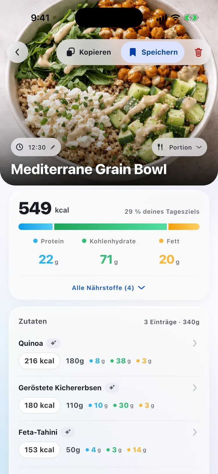 CalEasy-Mahlzeitendetail: mediterrane Bowl mit Kalorien, Makros und Zutaten