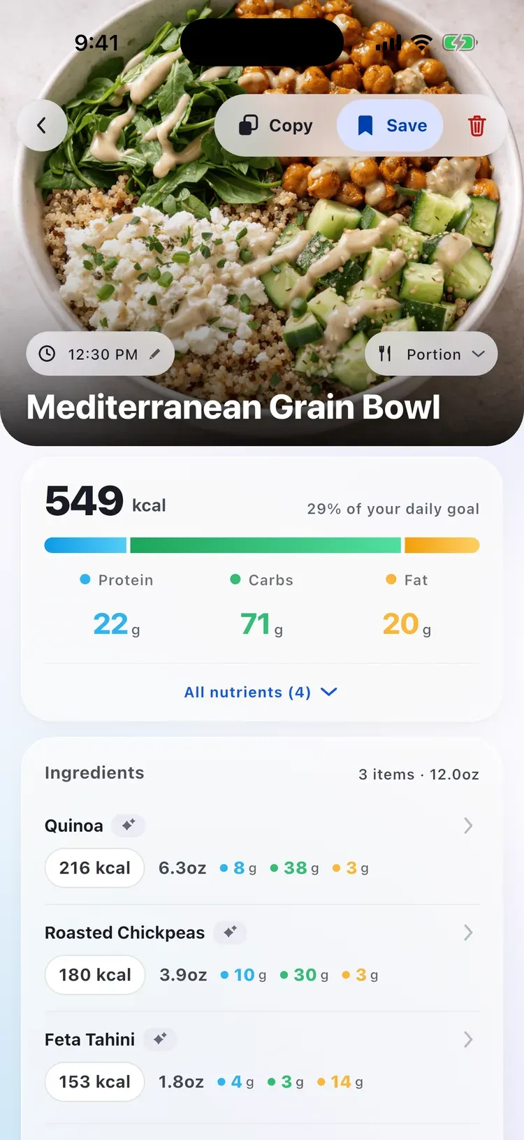 CalEasy meal detail: a logged meal broken down into calories, protein, carbs, and fat