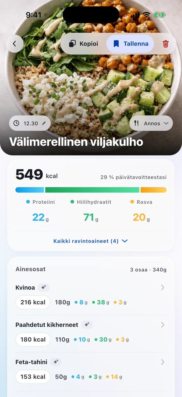 CalEasyn aterianäkymä: välimerellinen viljakulho kaloreineen, makroineen ja aineksineen