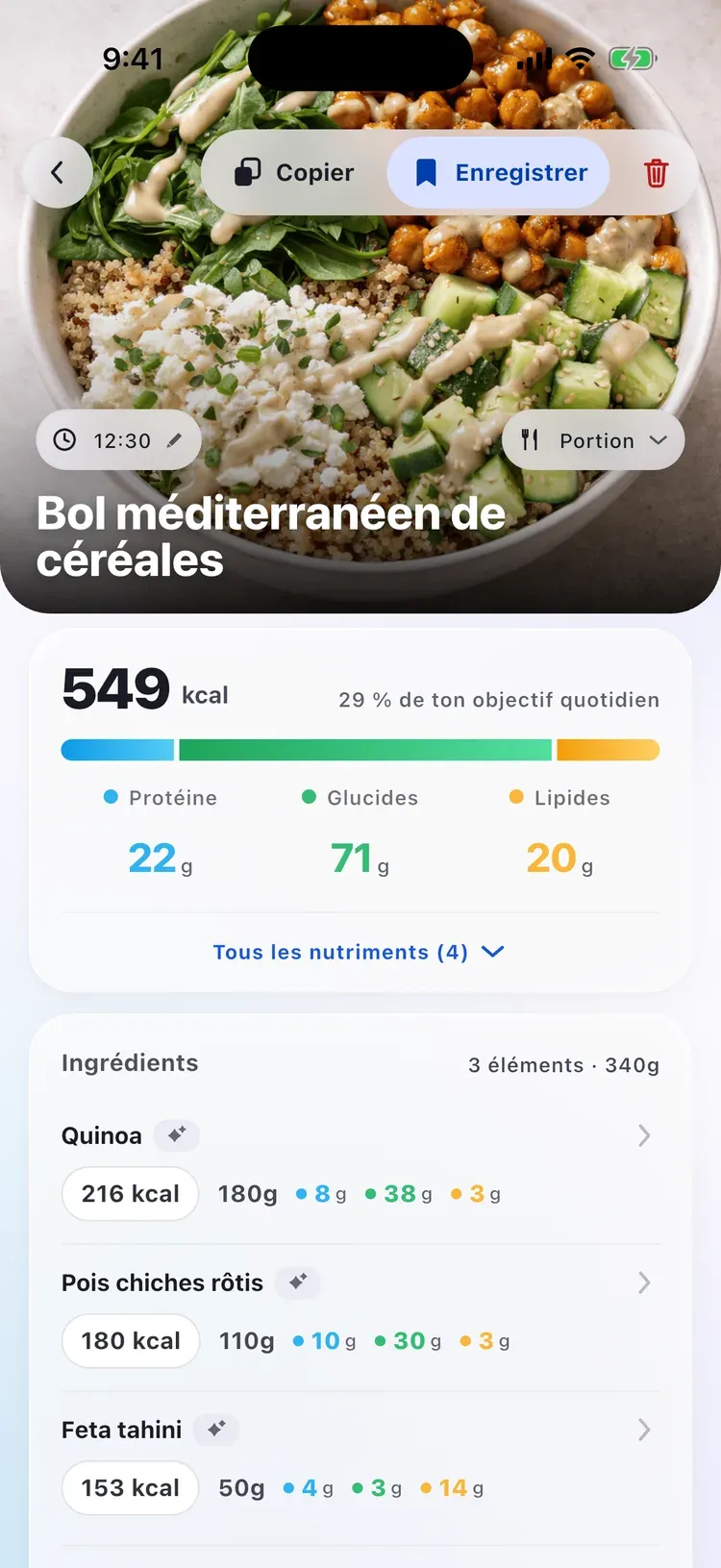 Détail de repas CalEasy : bol méditerranéen avec calories, macros et ingrédients