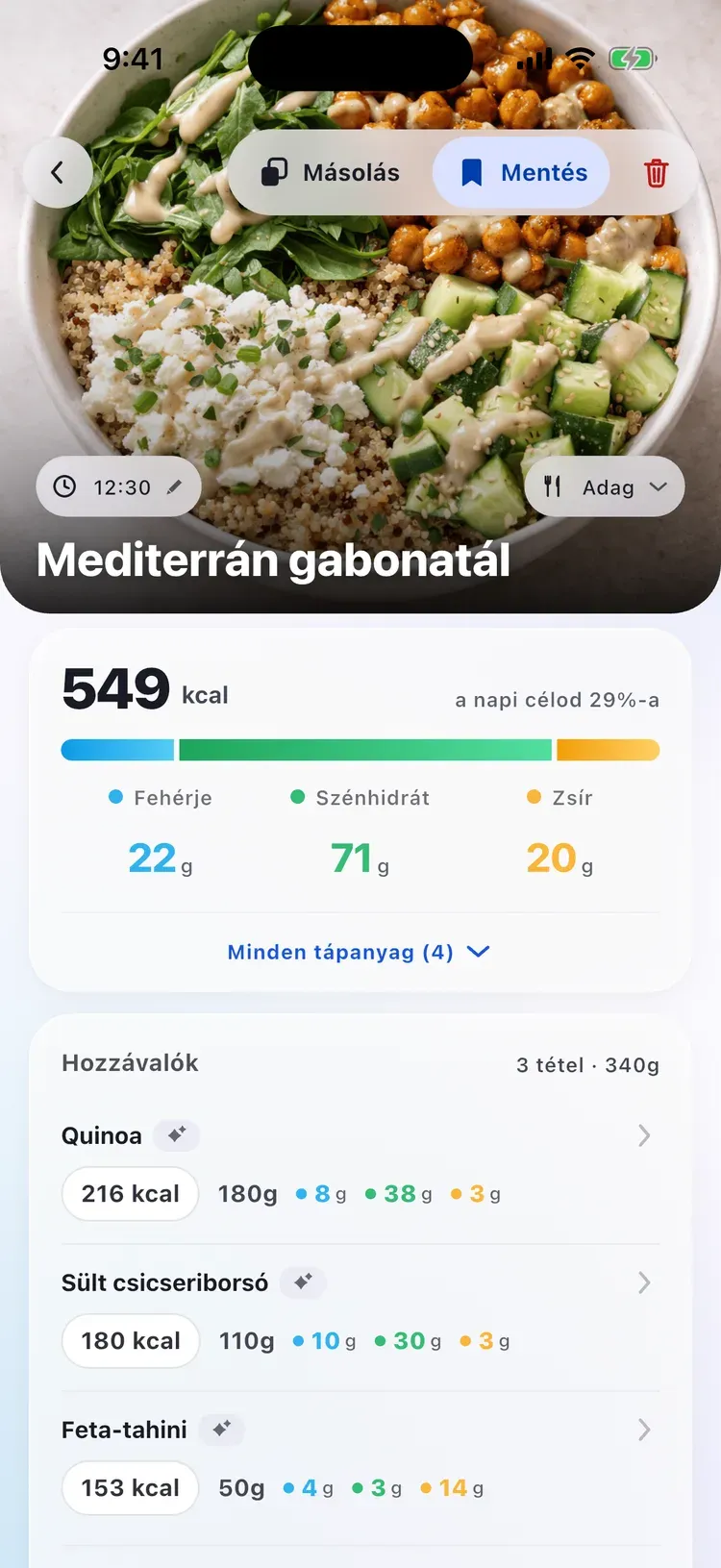 CalEasy étkezés részletei: mediterrán gabonatál kalóriákkal, makrókkal és hozzávalókkal