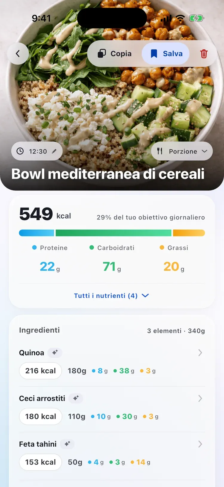 Dettaglio pasto in CalEasy: bowl mediterranea con calorie, macro e ingredienti