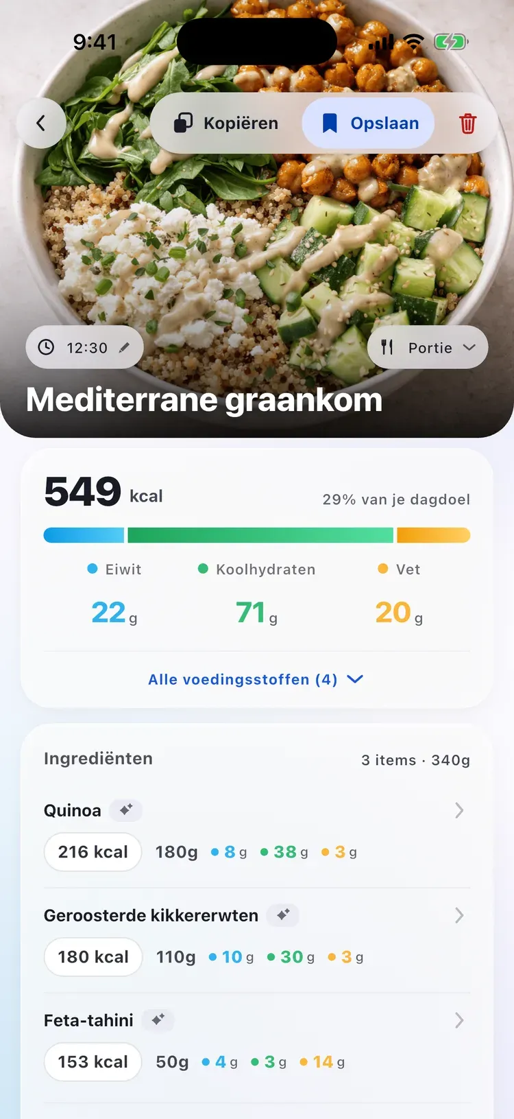 CalEasy-maaltijddetail: mediterrane grain bowl met calorieën, macro’s en ingrediënten