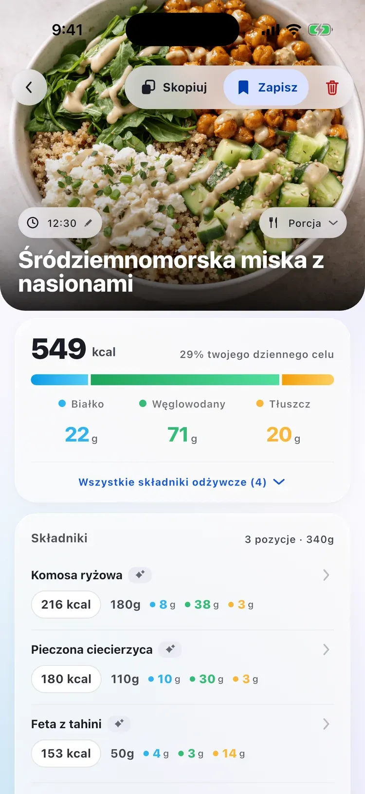 Szczegóły posiłku w CalEasy: śródziemnomorska miska zbożowa z kaloriami, makro i składnikami
