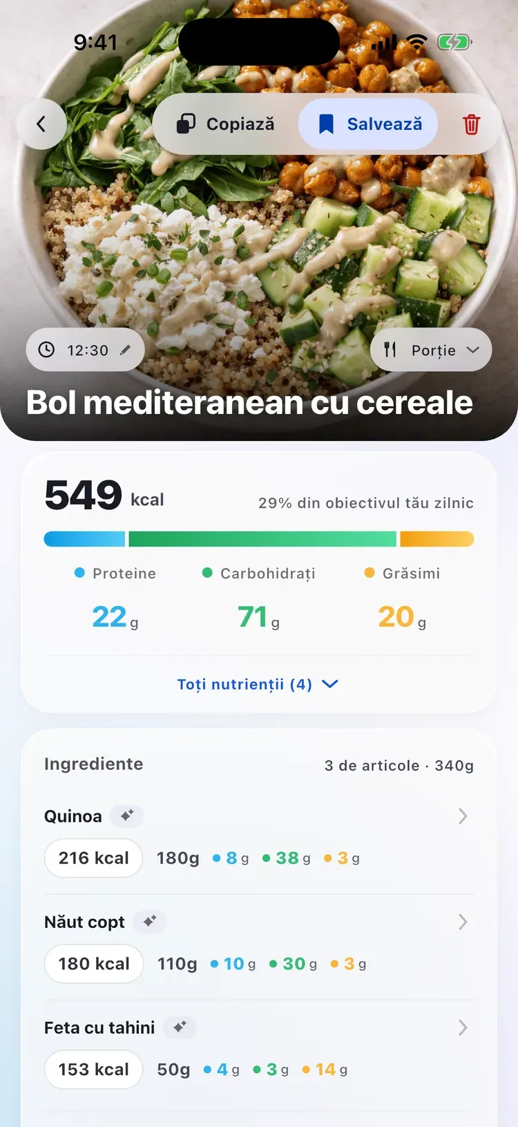 Detaliul mesei în CalEasy: bol mediteranean cu cereale, cu calorii, macronutrienți și ingrediente