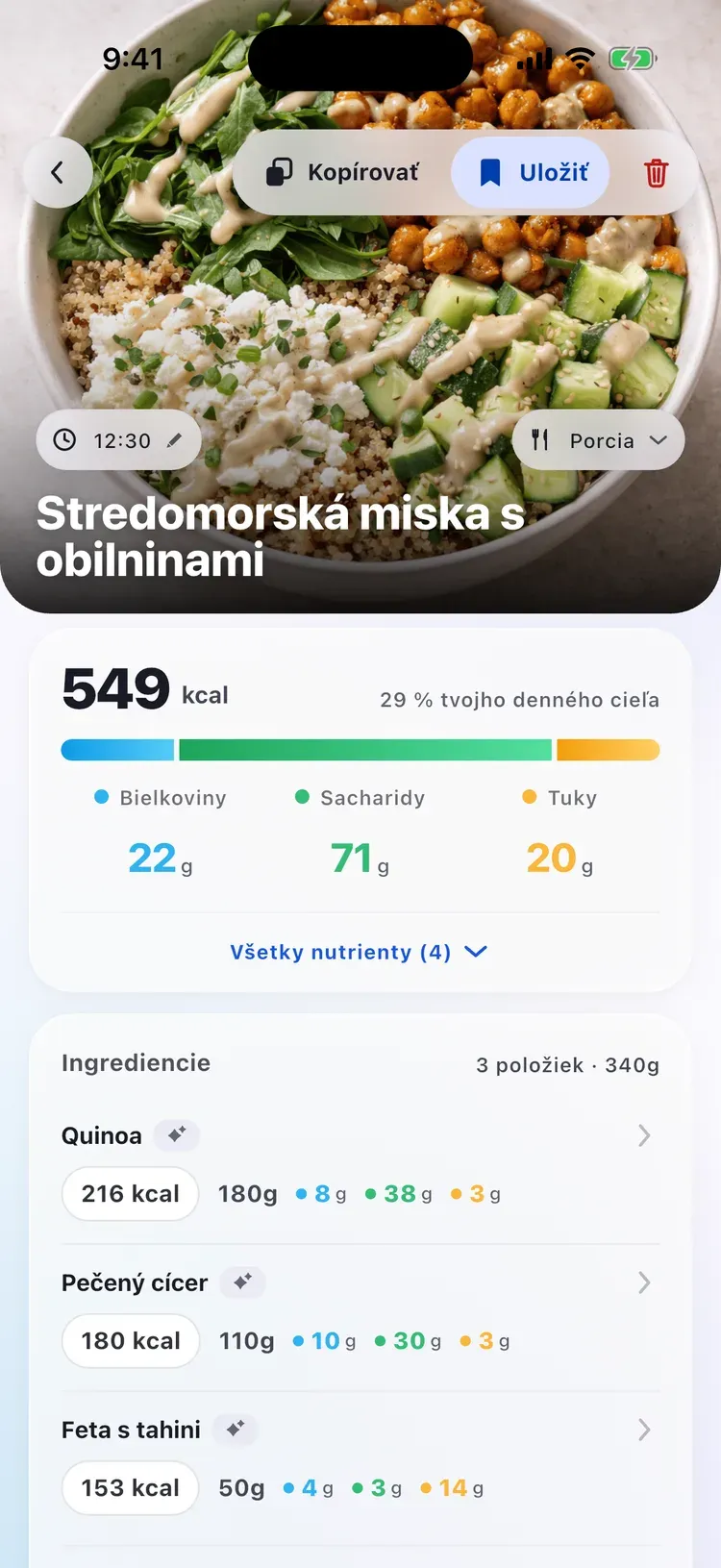 Detail jedla v CalEasy: stredomorská bowl s kalóriami, makrami a ingredienciami