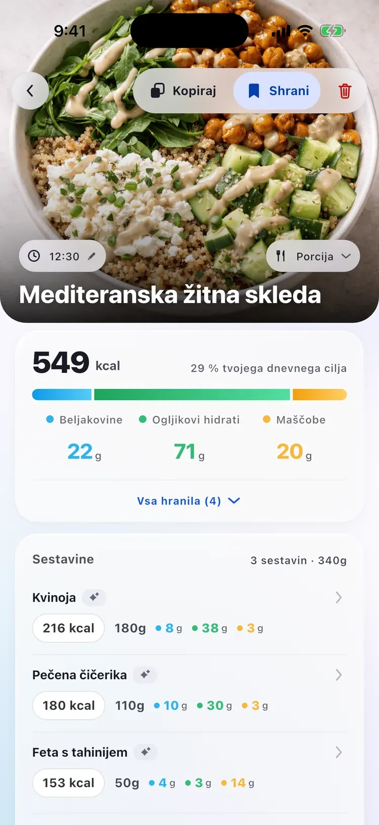 Podrobnosti obroka CalEasy: mediteranska žitna skleda s kalorijami, makrohranili in sestavinami