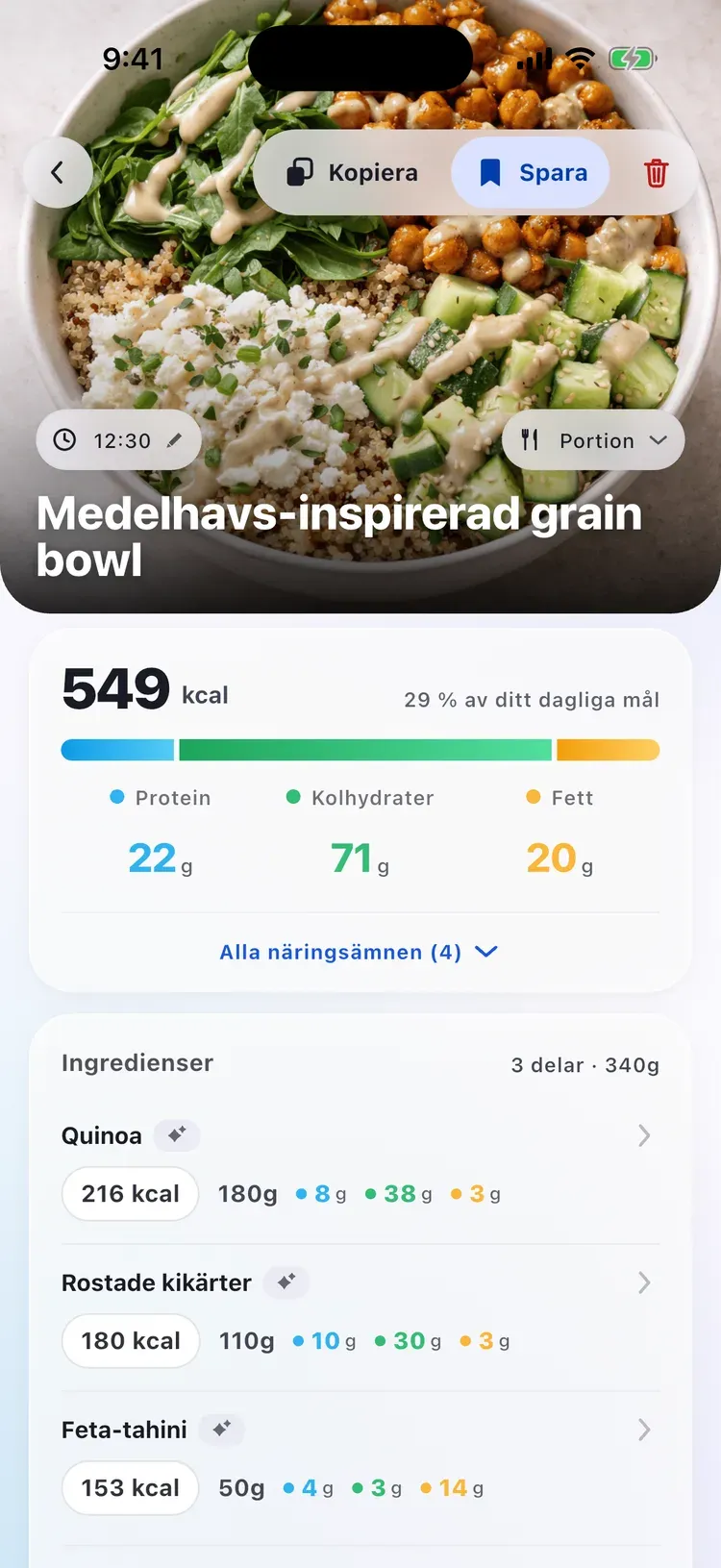 CalEasys måltidsvy: medelhavsbowl med kalorier, makron och ingredienser