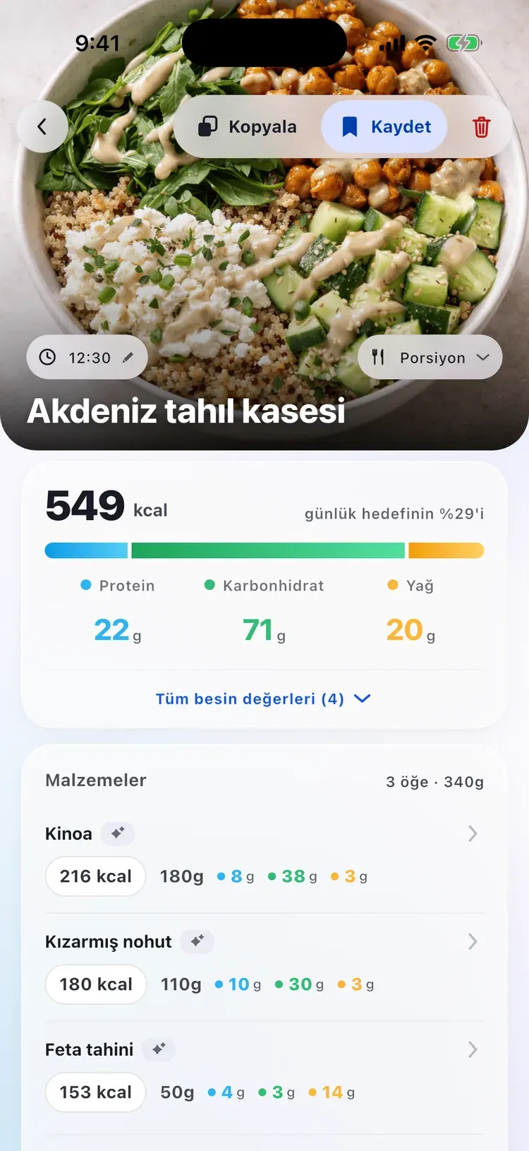 CalEasy öğün detayı: kalorileri, makroları ve malzemeleriyle Akdeniz usulü tahıl kâsesi