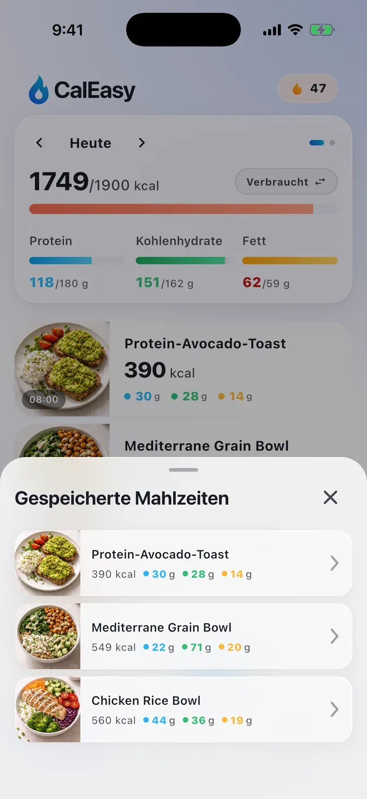CalEasy gespeicherte Mahlzeiten: Favoriten, bereit zum erneuten Loggen mit einem Tipp