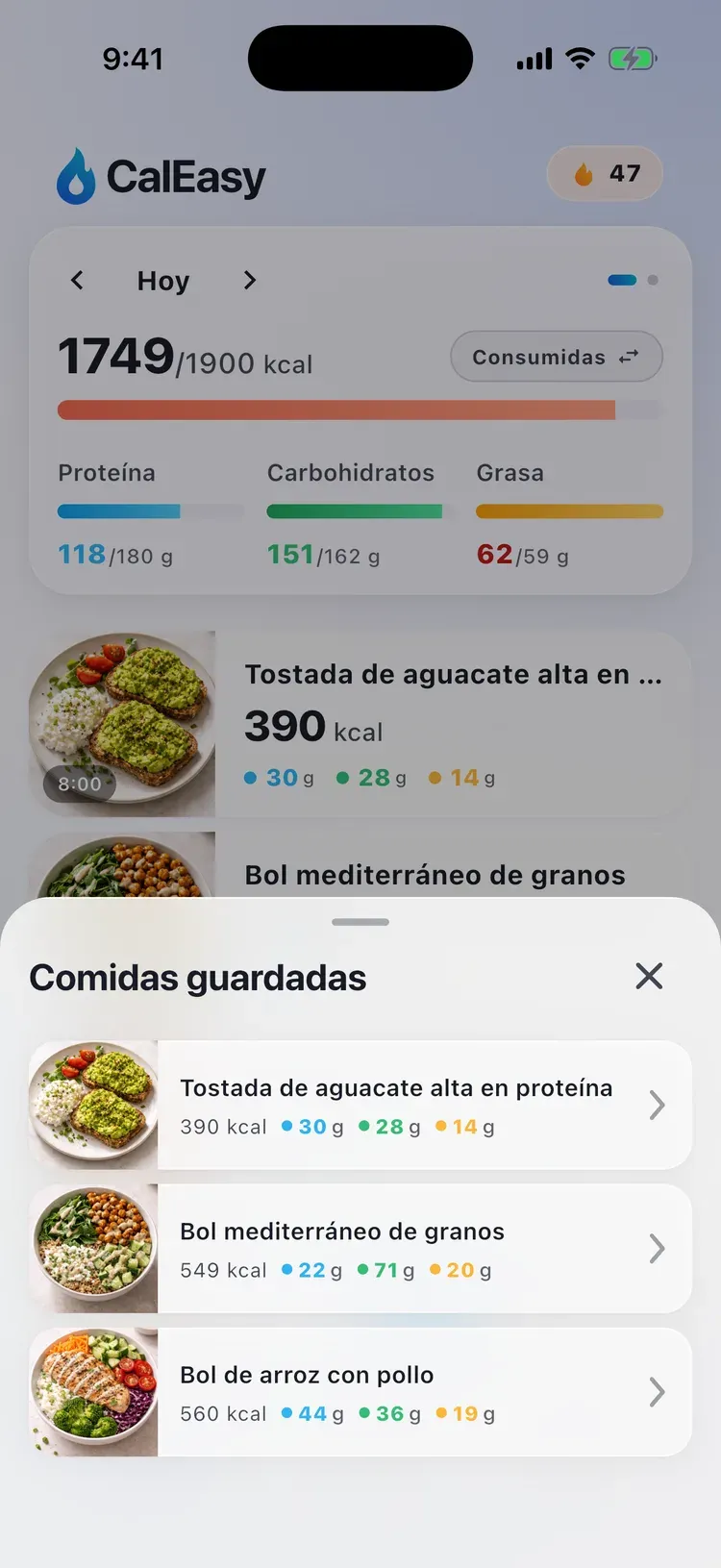Comidas guardadas en CalEasy: tus platos favoritos listos para registrarse con un toque