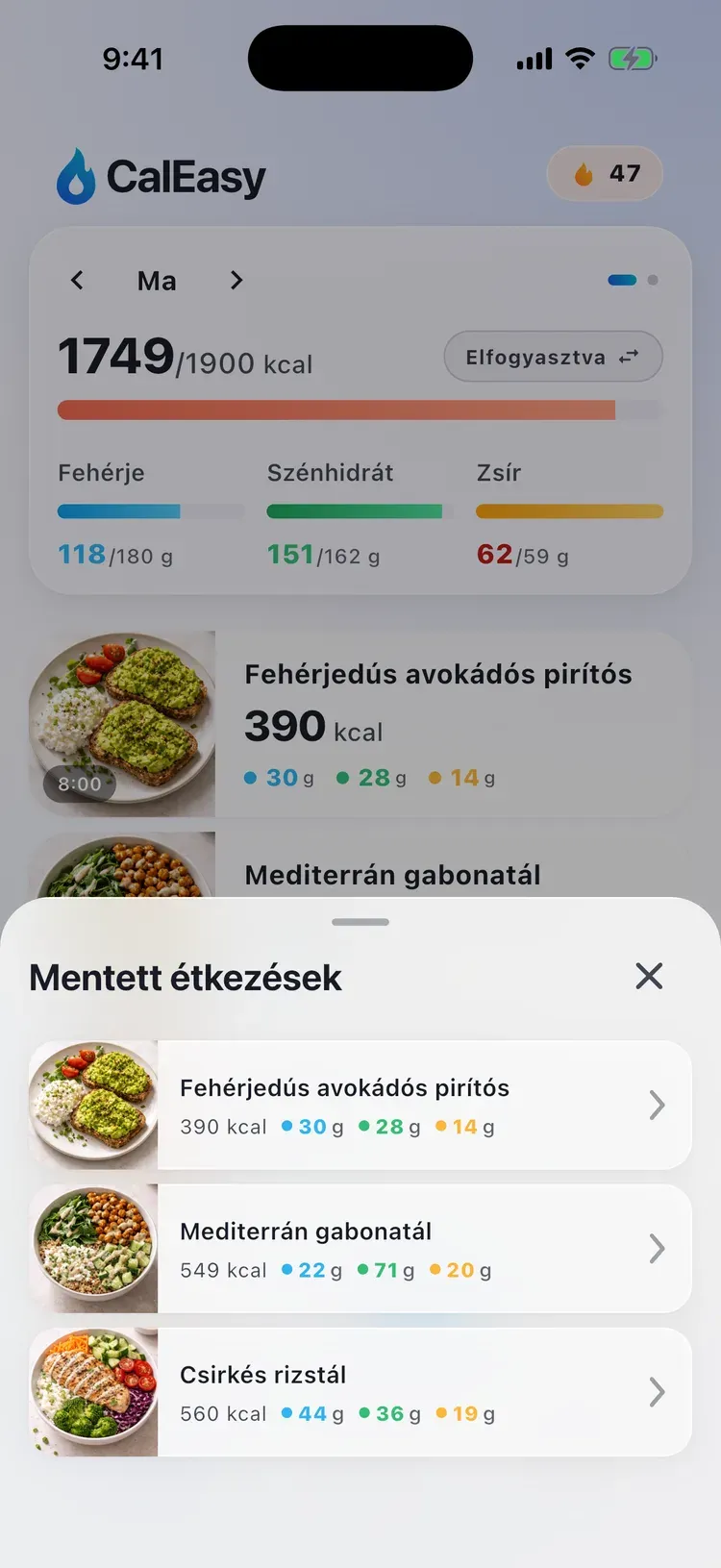 CalEasy mentett ételek: kedvenc ételek, egy koppintással újra naplózásra készen