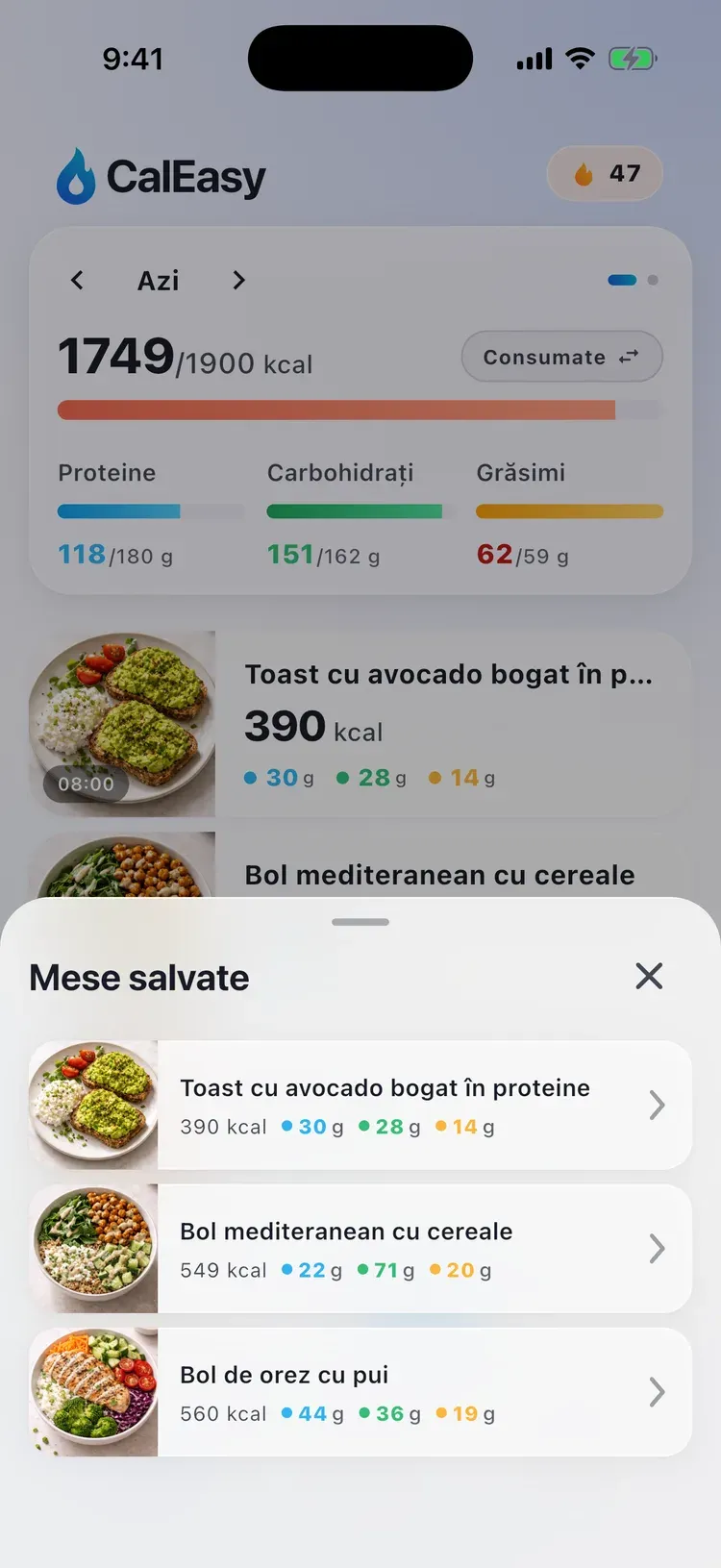Mese salvate în CalEasy: mesele preferate, gata de înregistrat din nou cu o atingere