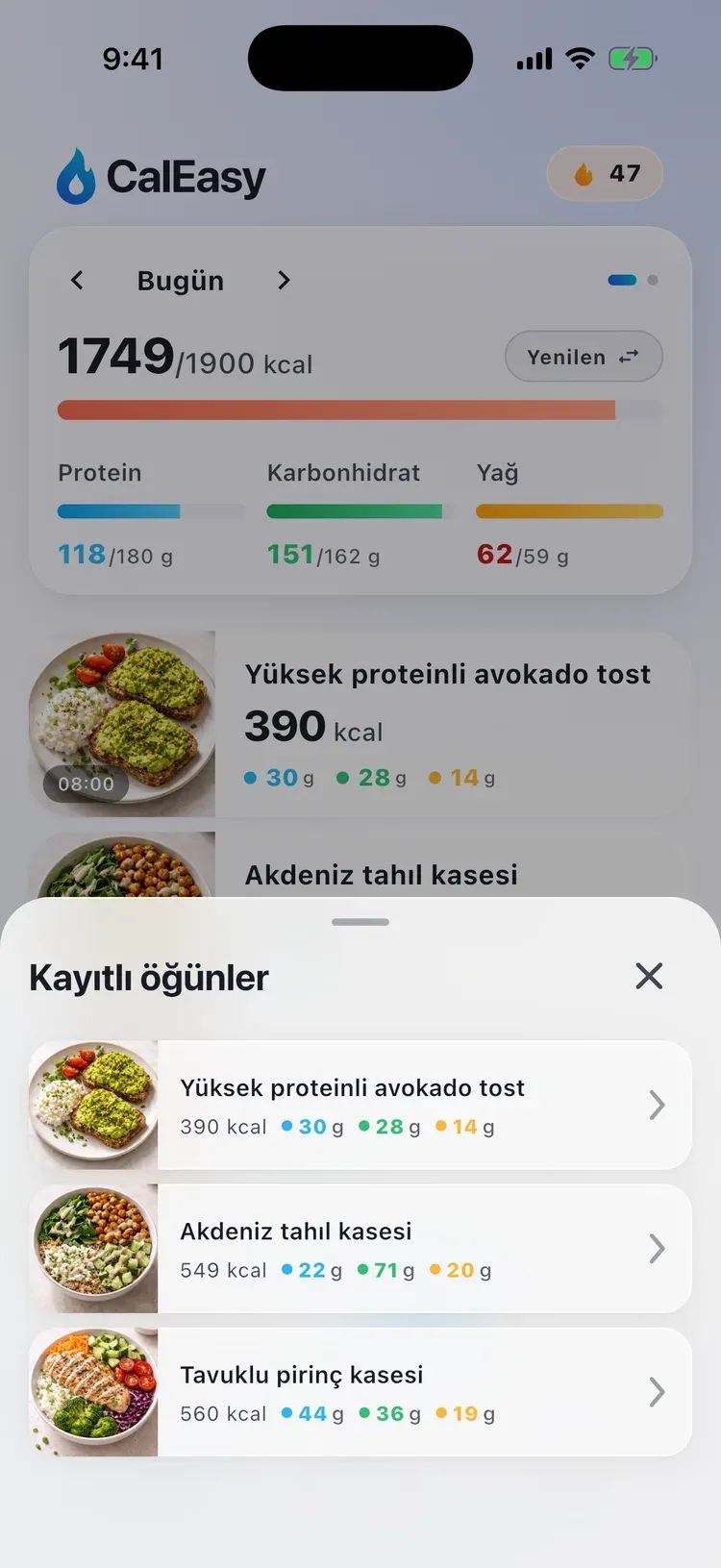 CalEasy kayıtlı öğünler: tek dokunuşla yeniden kaydedilmeye hazır favori öğünler