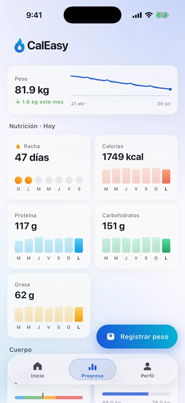 Pantalla de progreso de CalEasy: peso bajando hacia el objetivo